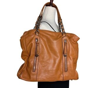 B. Makowsky Cognac Tan Pebbled Leather Chain Shoulder Bag Tote Leopard Lining